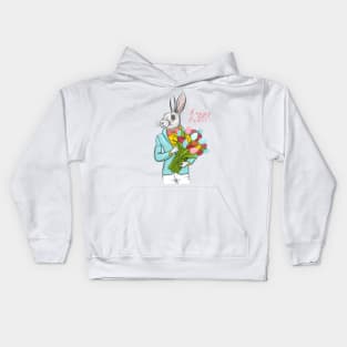 Happy Easter rabbit hipster with flowers and eggs Kids Hoodie